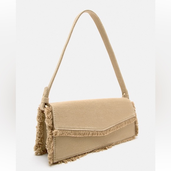 Zara Beige Tan Neutral Fabric shoulder Bag Handbag frayed trim Magnetic flap NWT - Picture 4 of 15